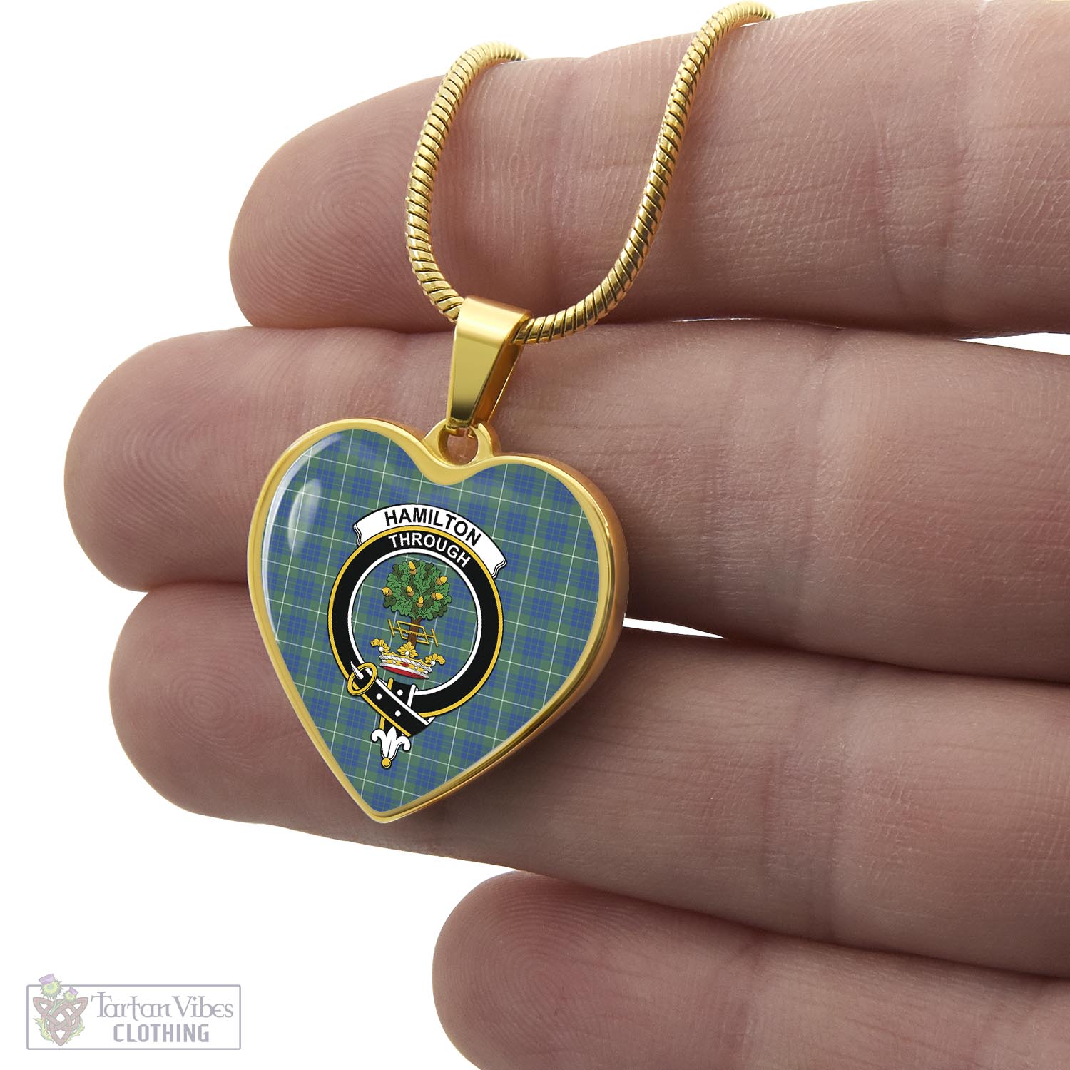 Tartan Vibes Clothing Hamilton Hunting Ancient Tartan Heart Necklace with Family Crest