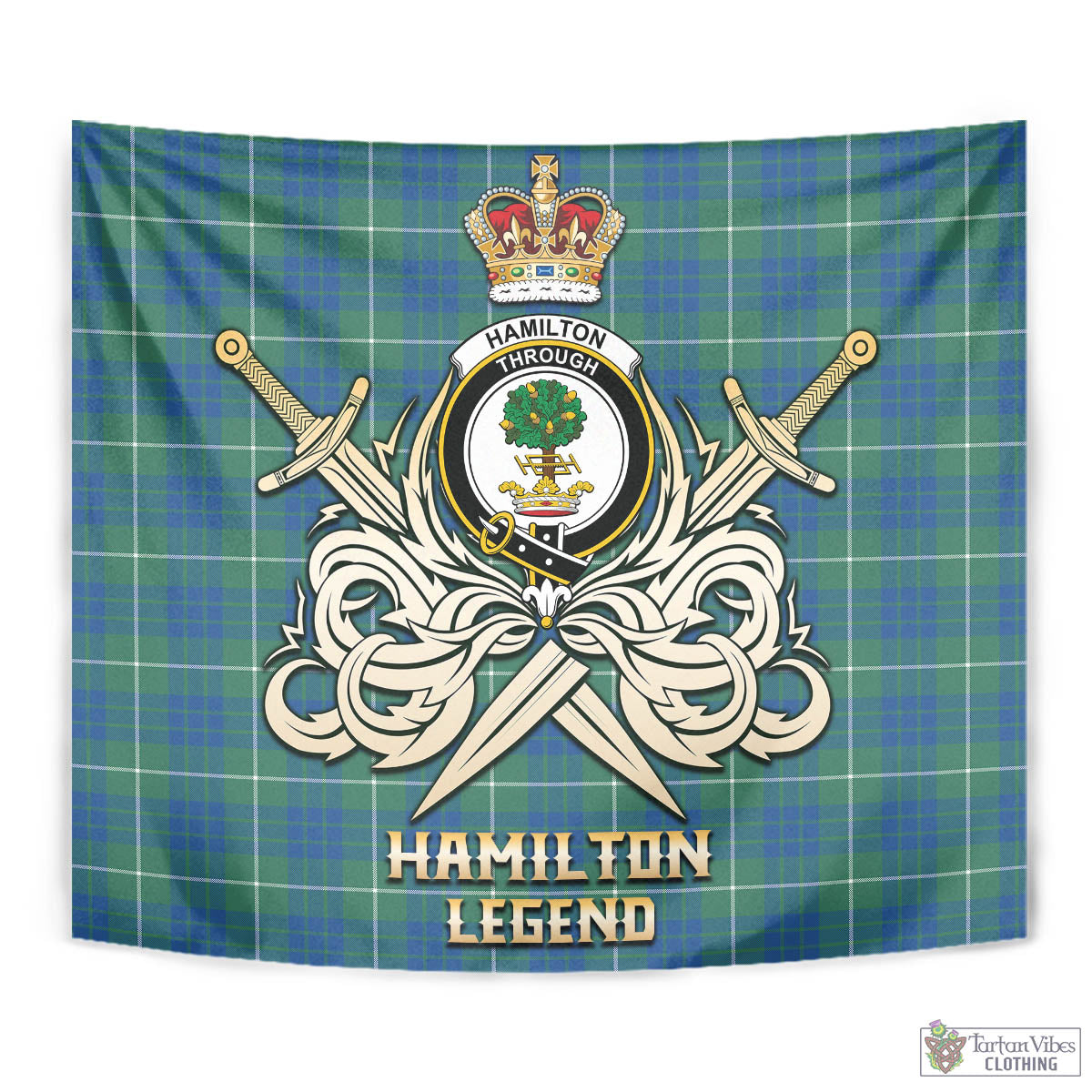 Tartan Vibes Clothing Hamilton Hunting Ancient Tartan Tapestry with Clan Crest and the Golden Sword of Courageous Legacy