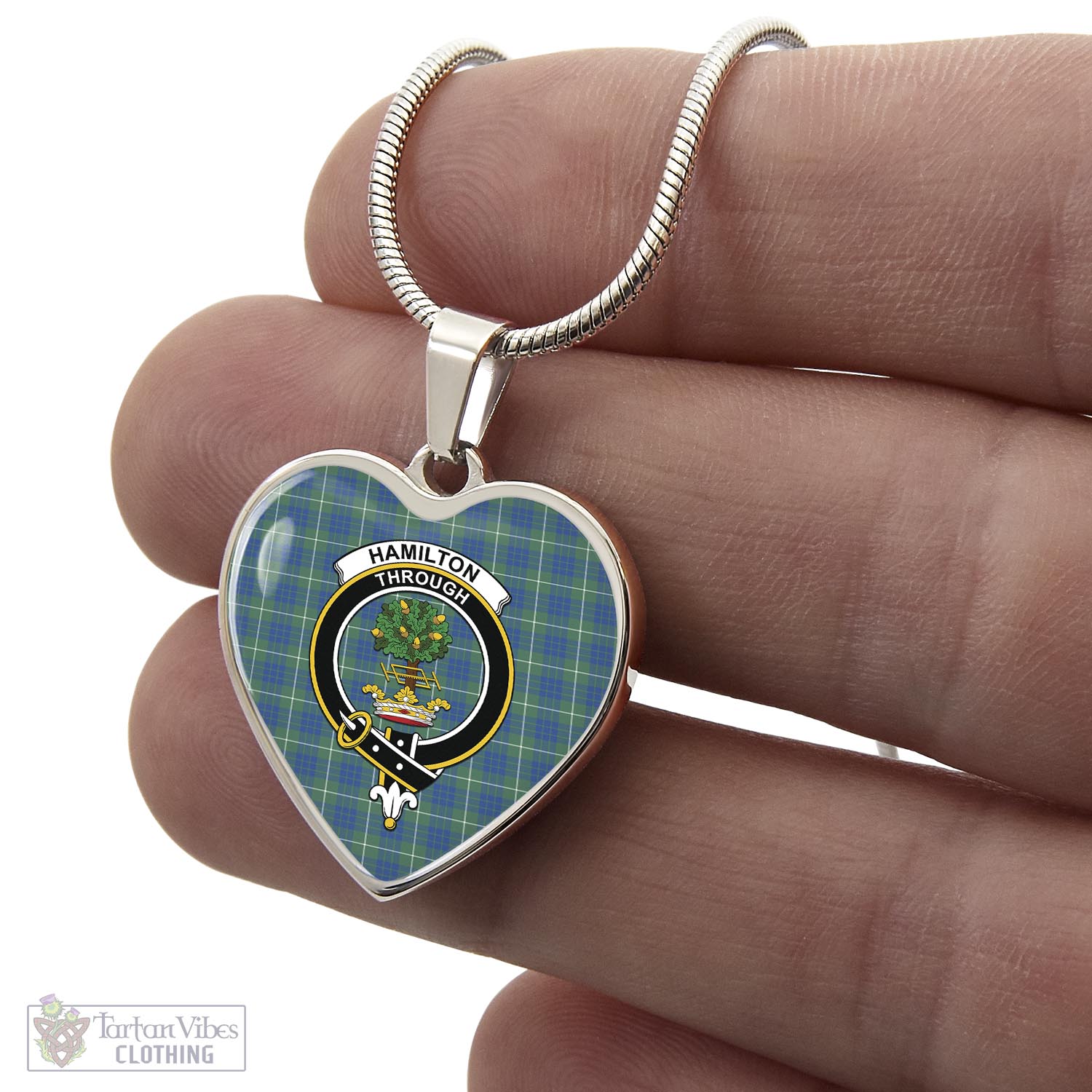 Tartan Vibes Clothing Hamilton Hunting Ancient Tartan Heart Necklace with Family Crest