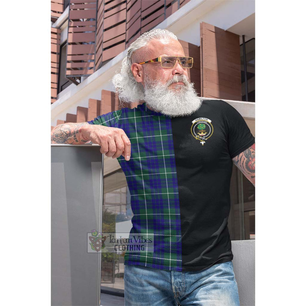 Tartan Vibes Clothing Hamilton Hunting Modern Tartan Cotton T-shirt with Family Crest and Half Of Me Style