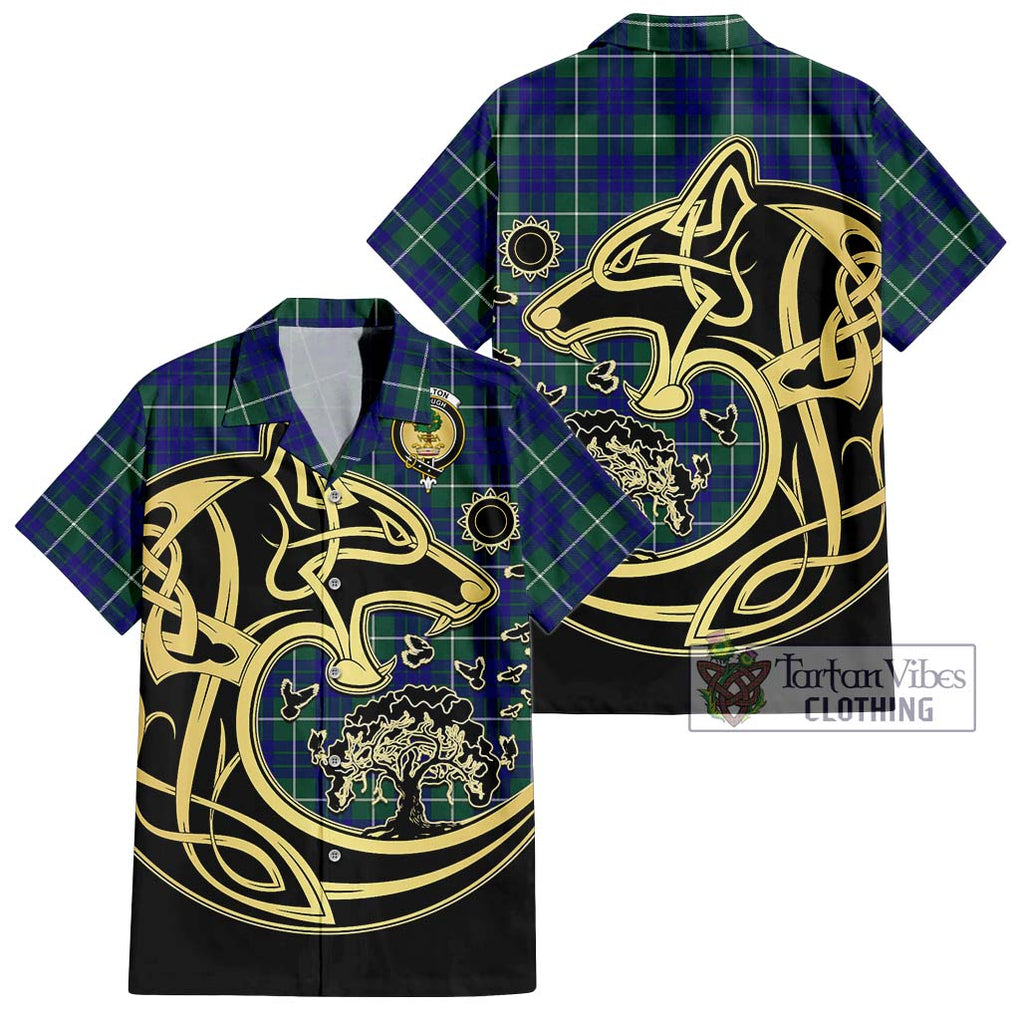 Hamilton Hunting Modern Tartan Short Sleeve Button Shirt with Family Crest Celtic Wolf Style Kid - Tartan Vibes Clothing