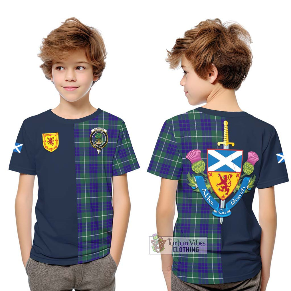 Tartan Vibes Clothing Hamilton Hunting Modern Tartan Kid T-Shirt with Scottish Lion Royal Arm Half Style