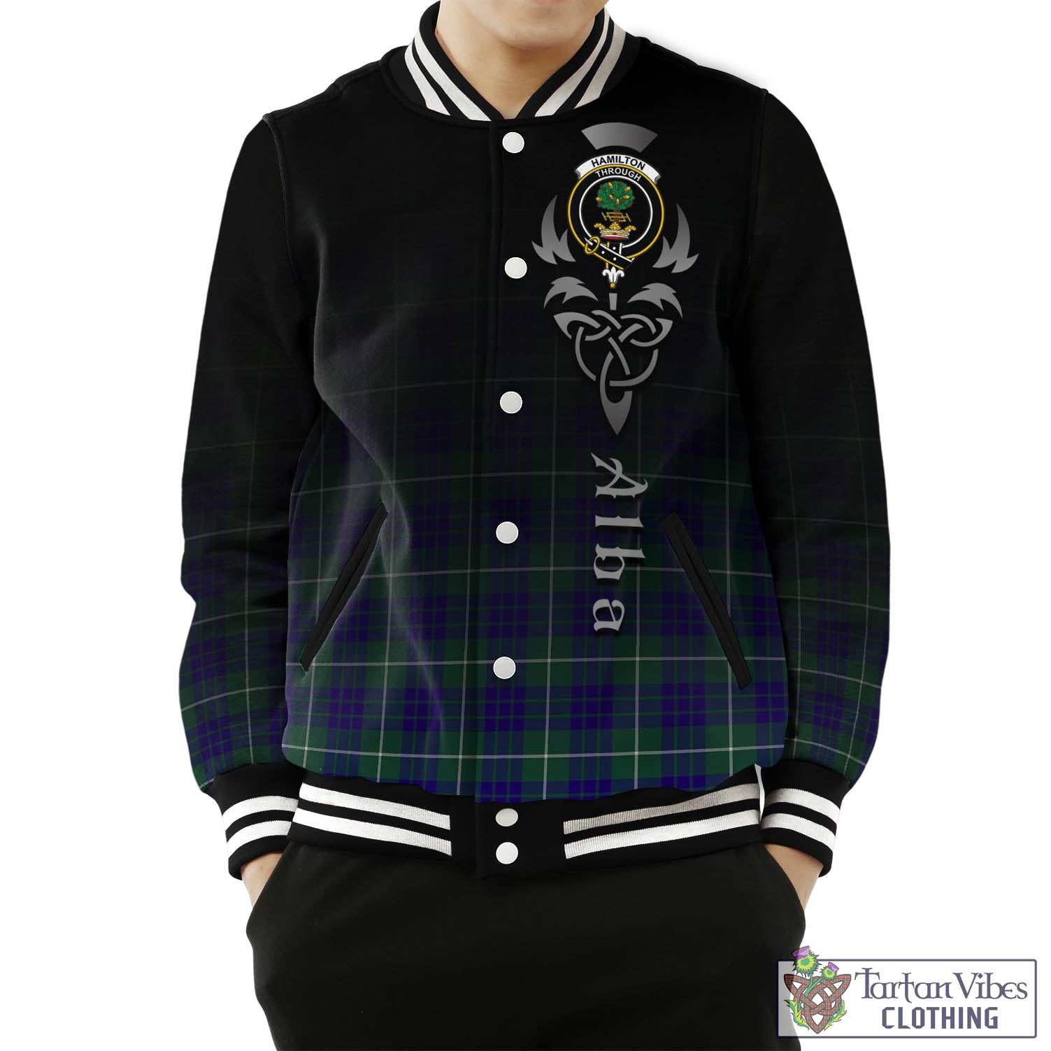 Tartan Vibes Clothing Hamilton Hunting Modern Tartan Baseball Jacket Featuring Alba Gu Brath Family Crest Celtic Inspired