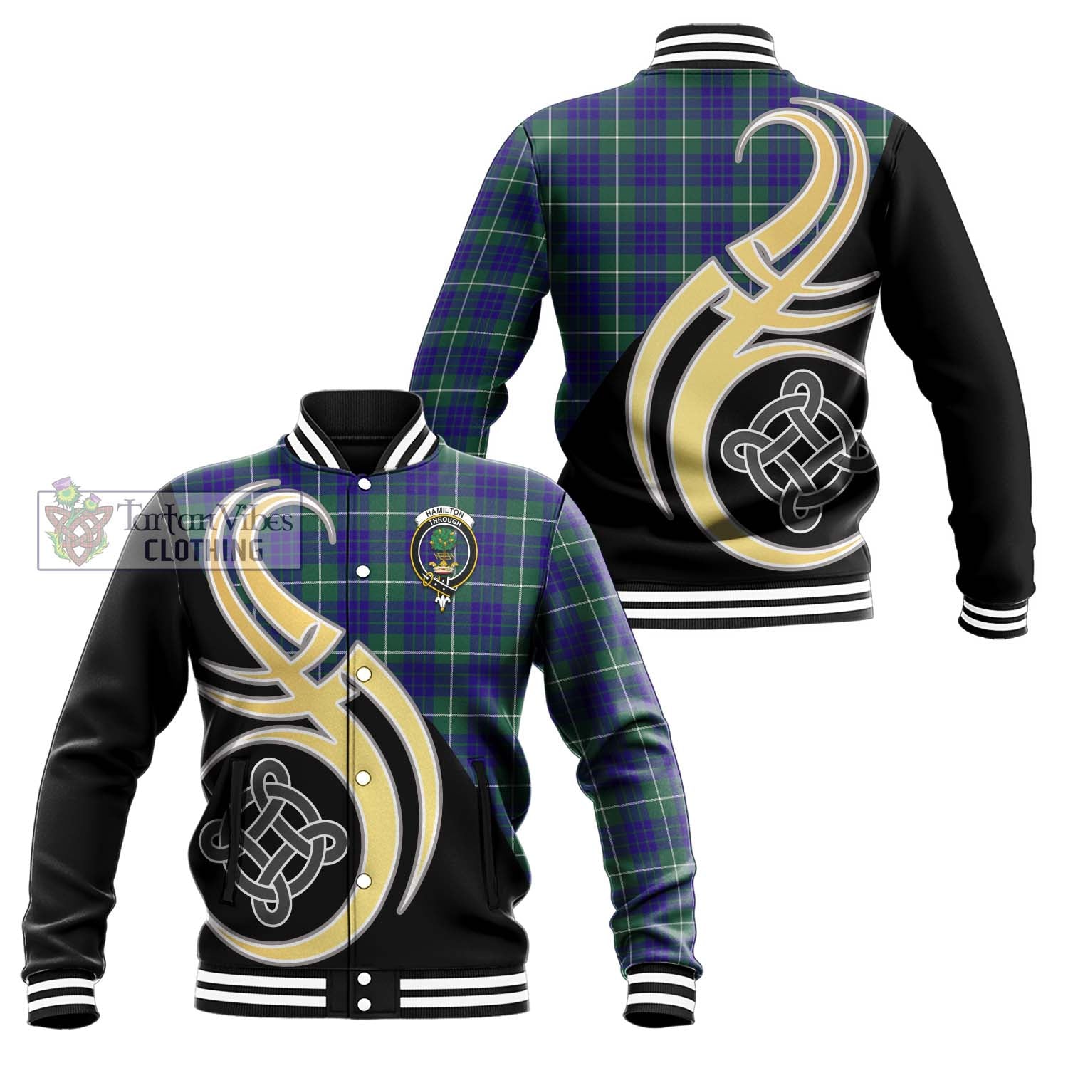 Hamilton Hunting Modern Tartan Baseball Jacket with Family Crest and Celtic Symbol Style Unisex - Tartan Vibes Clothing