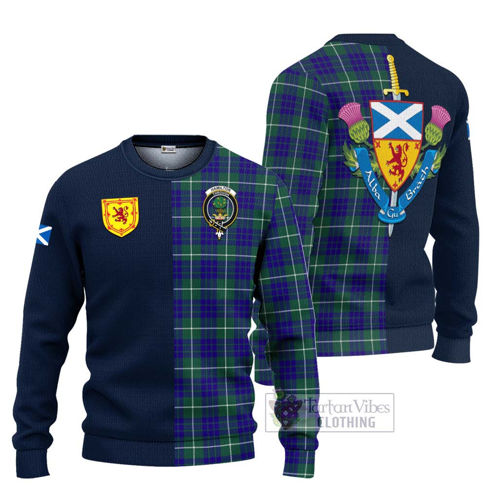 Tartan Vibes Clothing Hamilton Hunting Modern Tartan Knitted Sweater with Scottish Lion Royal Arm Half Style