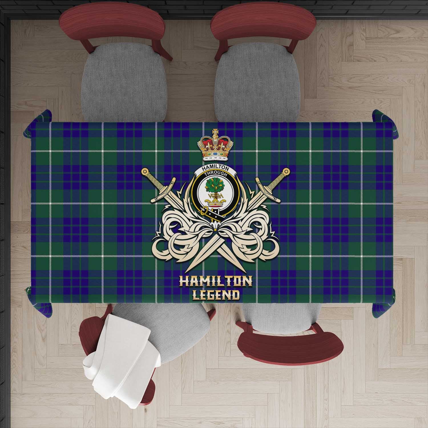 Tartan Vibes Clothing Hamilton Hunting Modern Tartan Tablecloth with Clan Crest and the Golden Sword of Courageous Legacy