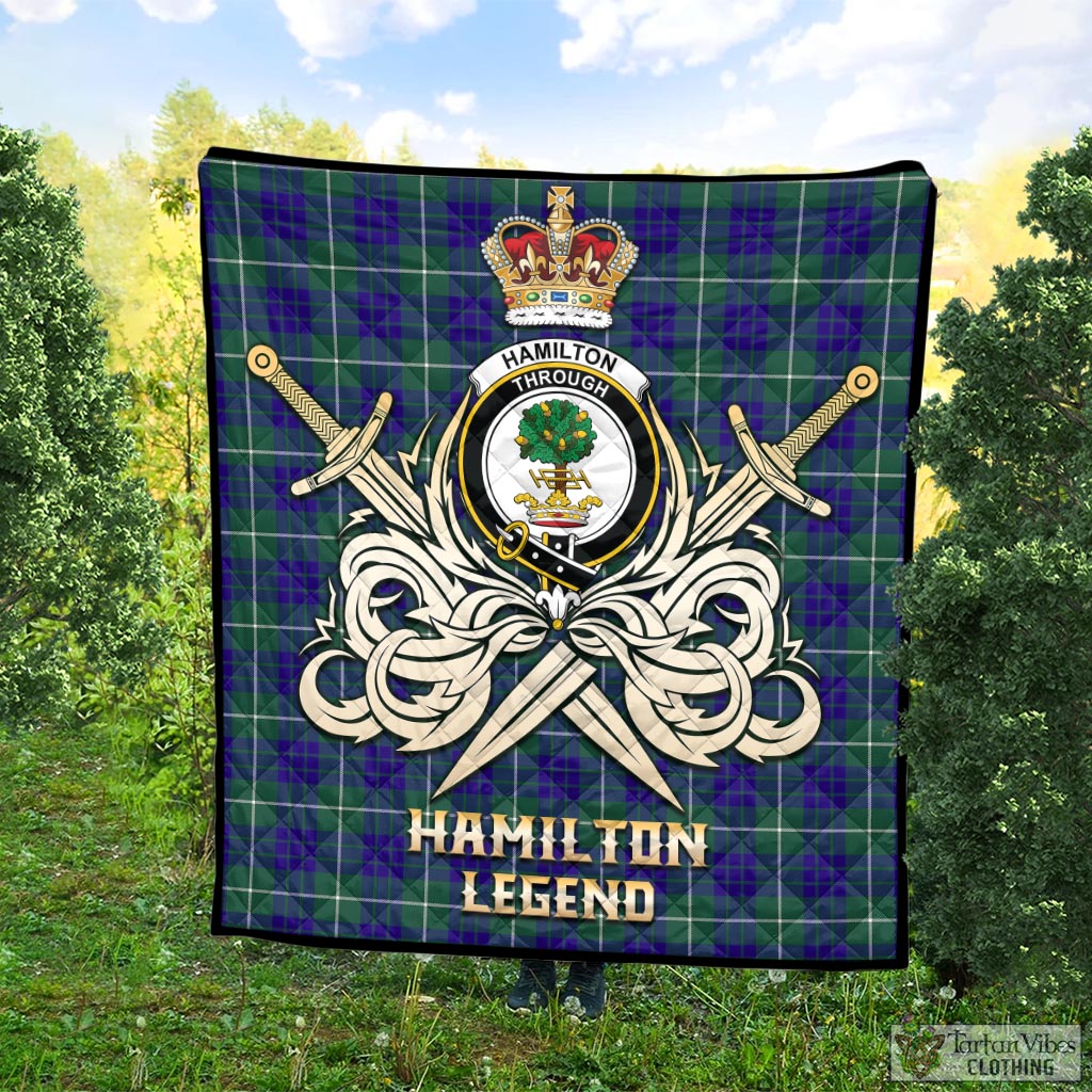 Tartan Vibes Clothing Hamilton Hunting Modern Tartan Quilt with Clan Crest and the Golden Sword of Courageous Legacy