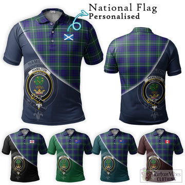 Hamilton Hunting Modern Tartan Polo Shirt with Personalised National Flag and Family Crest Half Style