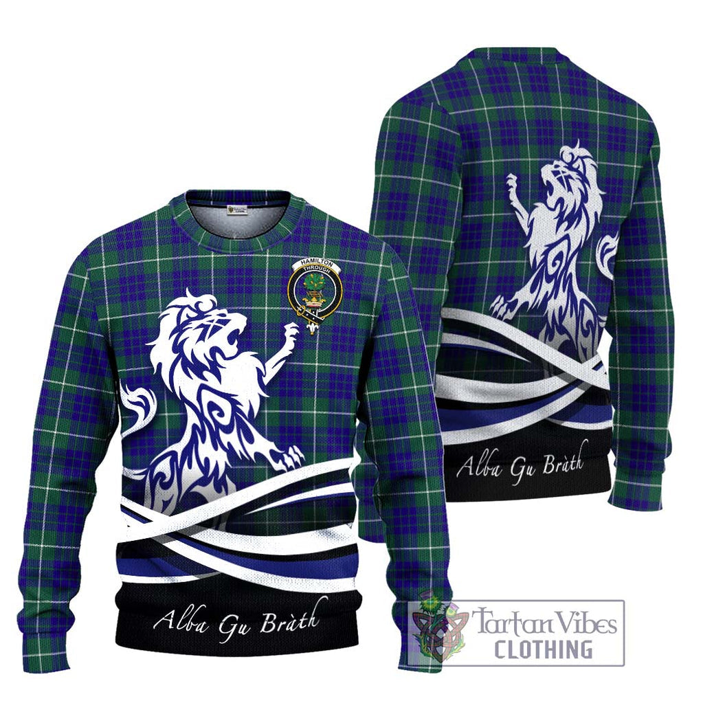 Hamilton Hunting Modern Tartan Knitted Sweater with Alba Gu Brath Regal Lion Emblem Unisex - Tartanvibesclothing Shop