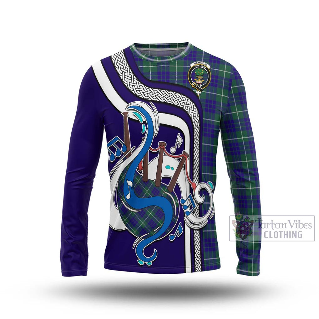 Tartan Vibes Clothing Hamilton Hunting Modern Tartan Long Sleeve T-Shirt with Epic Bagpipe Style