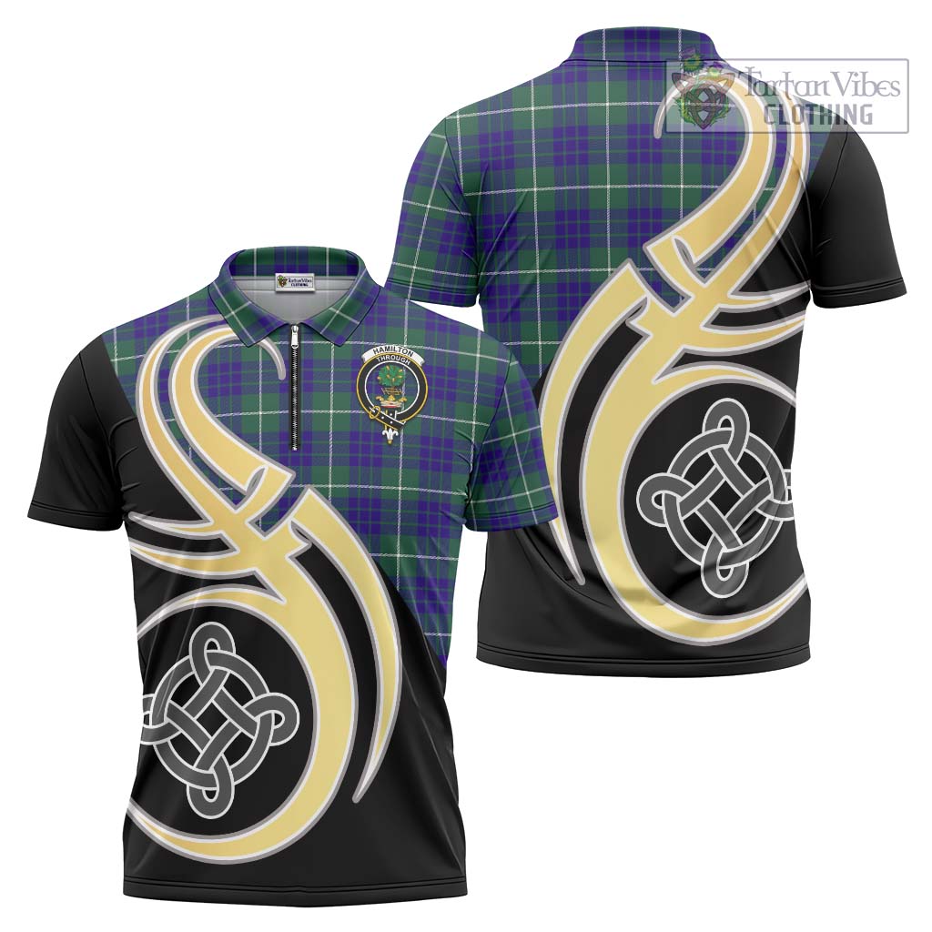 Tartan Vibes Clothing Hamilton Hunting Modern Tartan Zipper Polo Shirt with Family Crest and Celtic Symbol Style