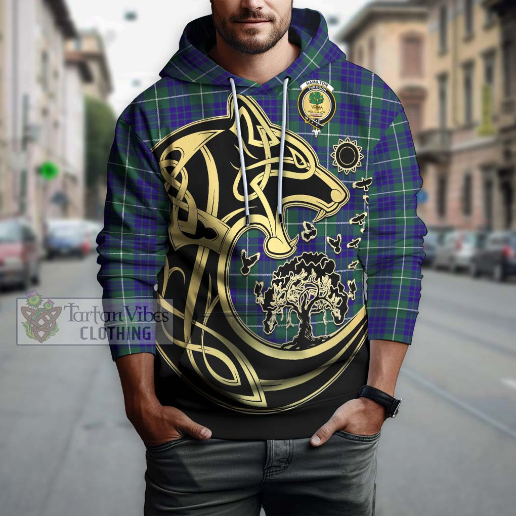 Hamilton Hunting Modern Tartan Hoodie with Family Crest Celtic Wolf Style Zip Hoodie - Tartan Vibes Clothing