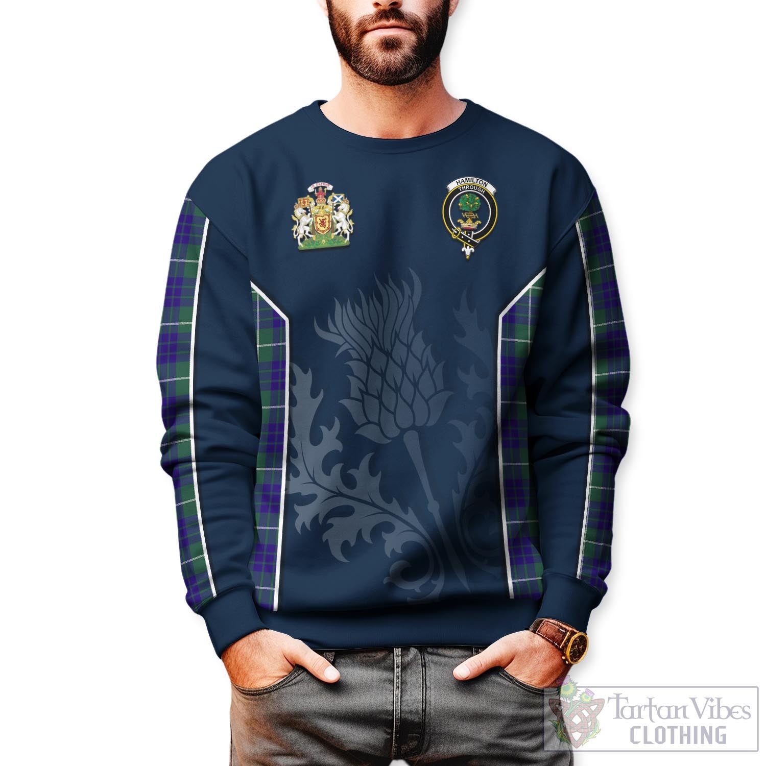 Tartan Vibes Clothing Hamilton Hunting Modern Tartan Sweatshirt with Family Crest and Scottish Thistle Vibes Sport Style