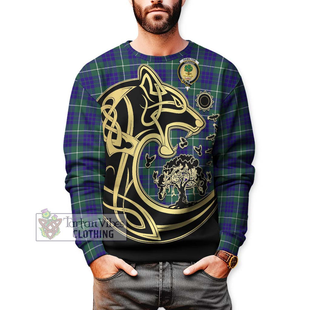 Hamilton Hunting Modern Tartan Sweatshirt with Family Crest Celtic Wolf Style Unisex - Tartan Vibes Clothing