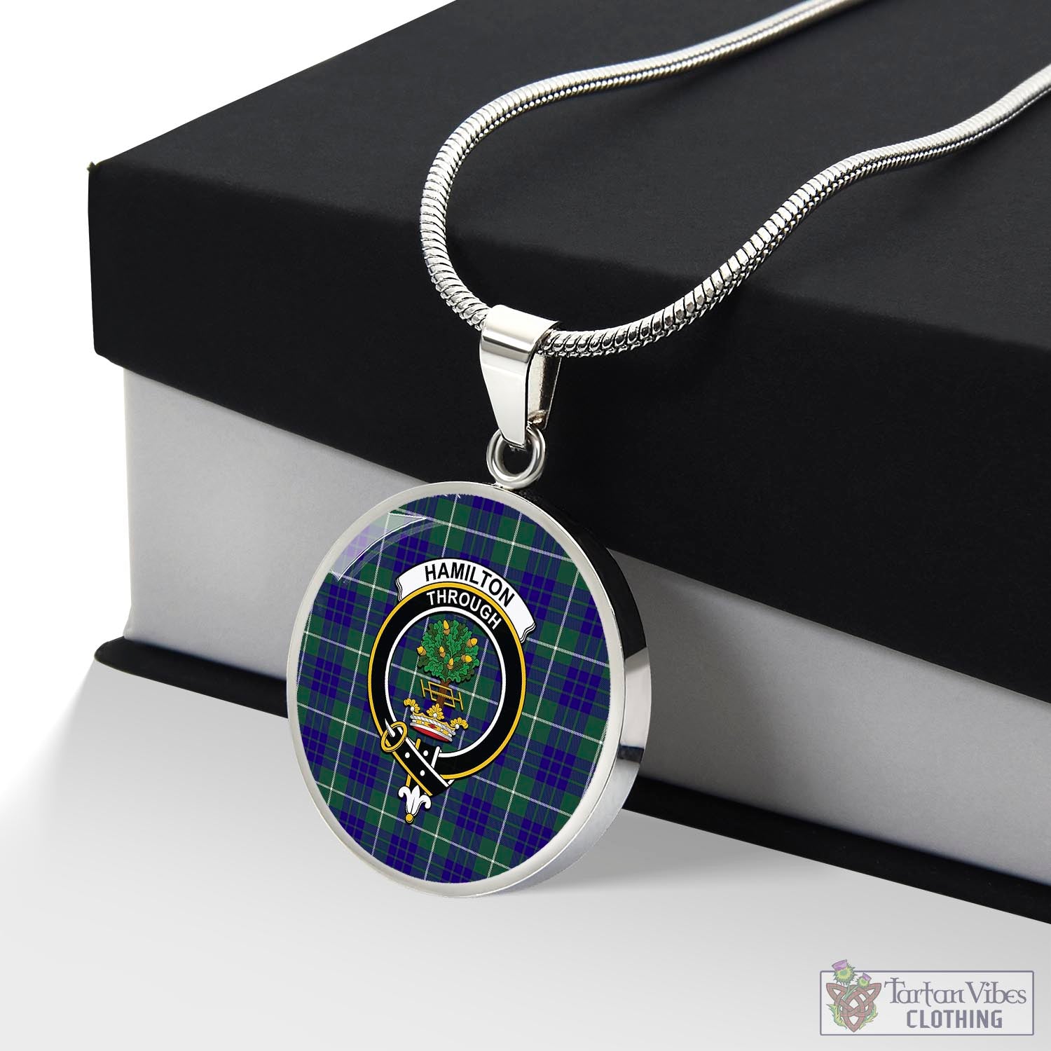 Tartan Vibes Clothing Hamilton Hunting Modern Tartan Circle Necklace with Family Crest