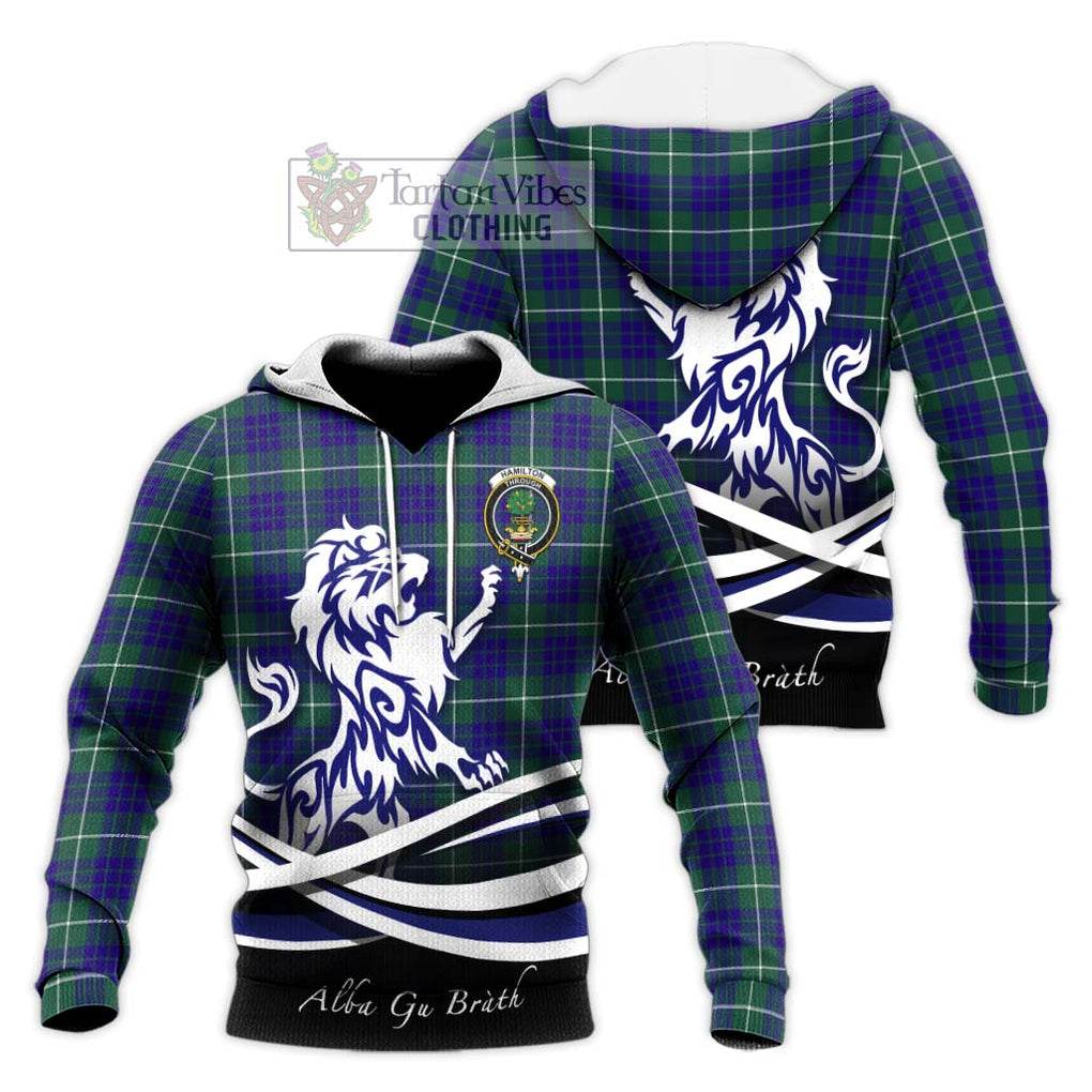 Hamilton Hunting Modern Tartan Knitted Hoodie with Alba Gu Brath Regal Lion Emblem Unisex Knitted Pullover Hoodie - Tartanvibesclothing Shop