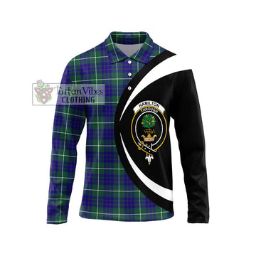 Hamilton Hunting Modern Tartan Long Sleeve Polo Shirt with Family Crest Circle Style