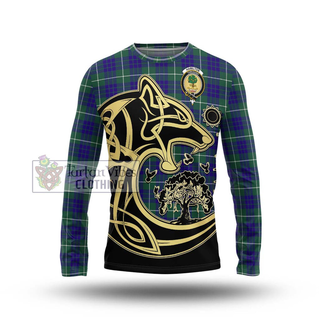 Hamilton Hunting Modern Tartan Long Sleeve T-Shirt with Family Crest Celtic Wolf Style Unisex - Tartan Vibes Clothing