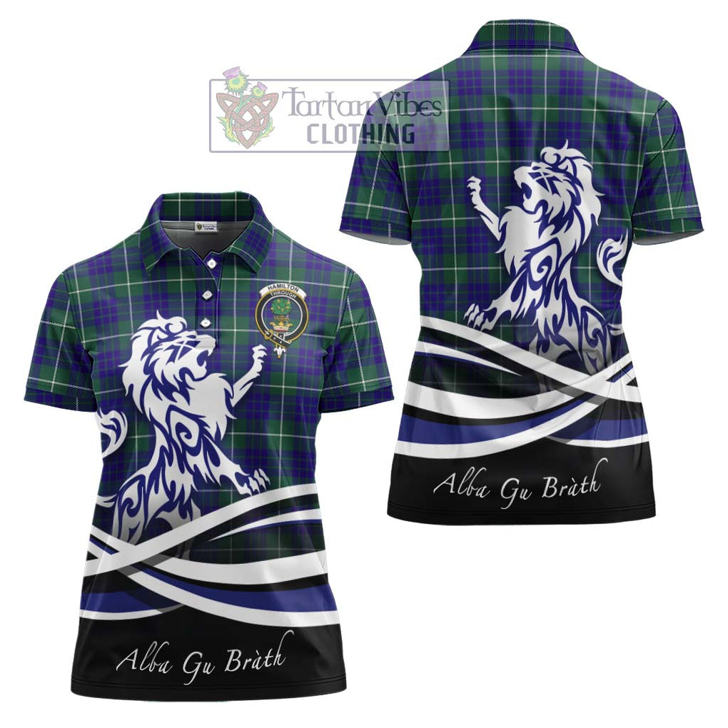 Hamilton Hunting Modern Tartan Women's Polo Shirt with Alba Gu Brath Regal Lion Emblem Women - Tartanvibesclothing Shop