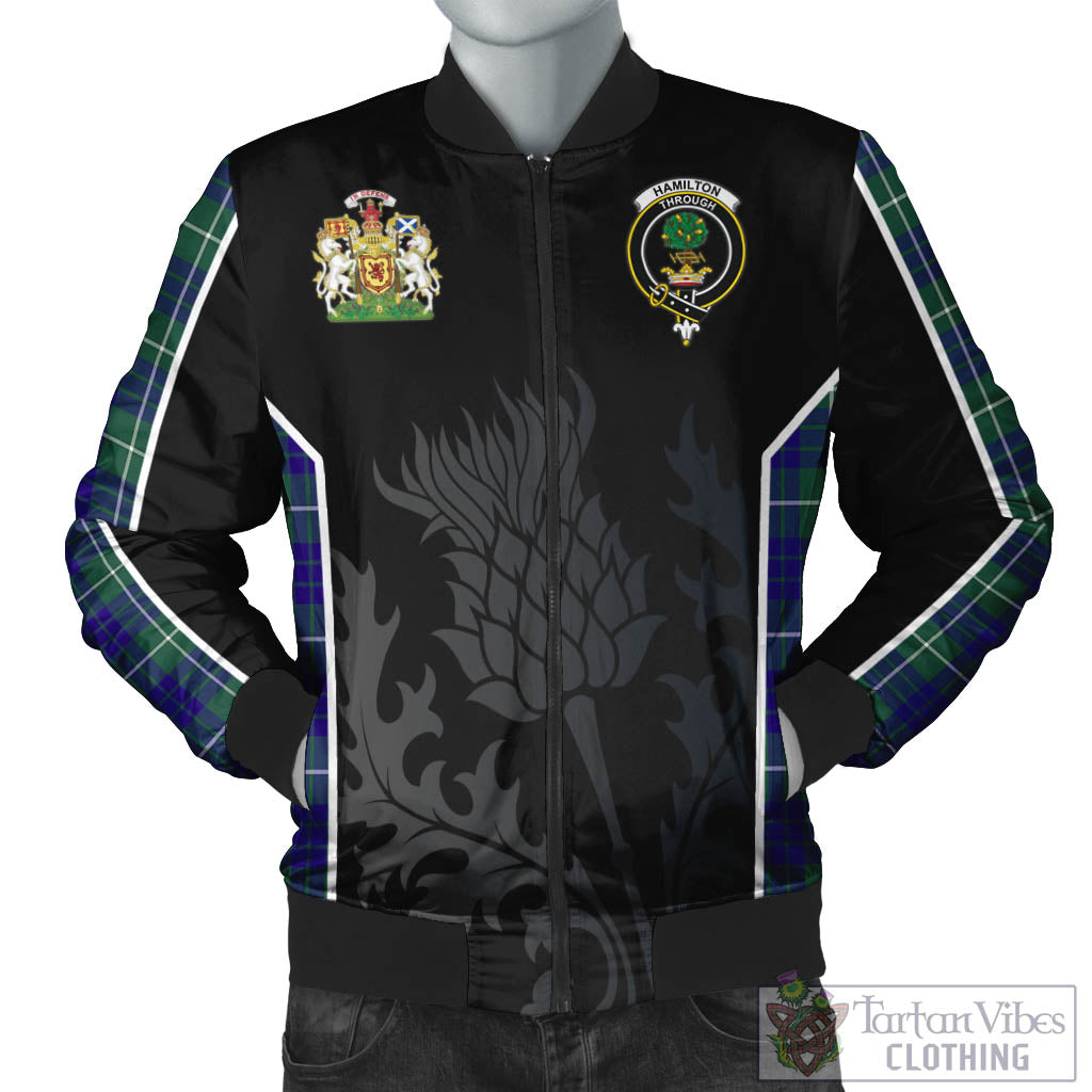 Tartan Vibes Clothing Hamilton Hunting Modern Tartan Bomber Jacket with Family Crest and Scottish Thistle Vibes Sport Style