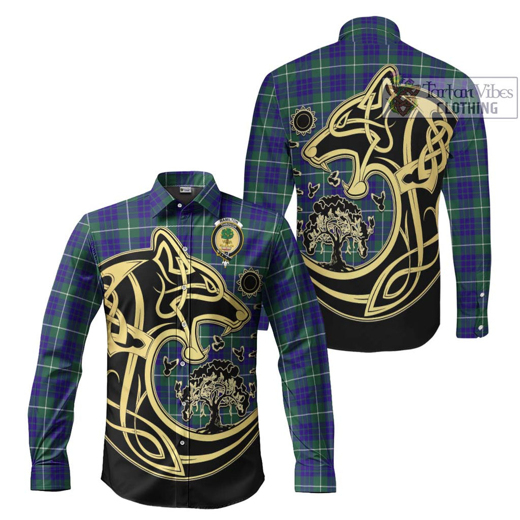 Hamilton Hunting Modern Tartan Long Sleeve Button Shirt with Family Crest Celtic Wolf Style Men's Shirt S - Tartan Vibes Clothing