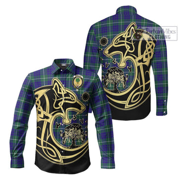 Hamilton Hunting Modern Tartan Long Sleeve Button Shirt with Family Crest Celtic Wolf Style