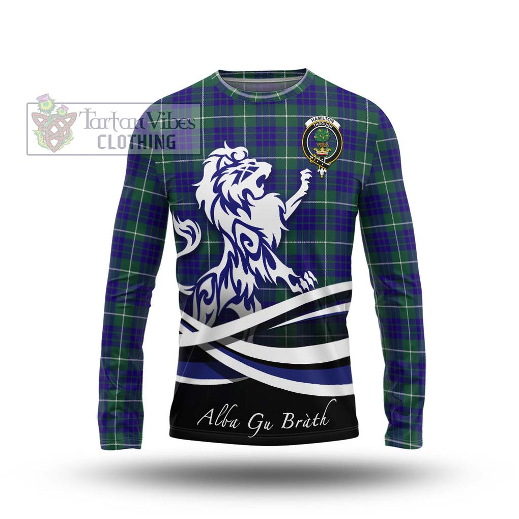 Hamilton Hunting Modern Tartan Long Sleeve T-Shirt with Alba Gu Brath Regal Lion Emblem Unisex - Tartanvibesclothing Shop