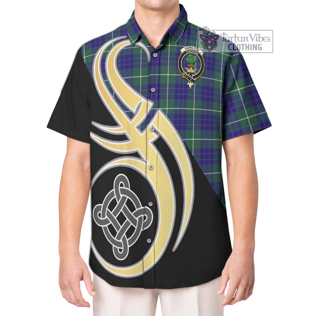 Hamilton Hunting Modern Tartan Short Sleeve Button Shirt with Family Crest and Celtic Symbol Style Kid - Tartan Vibes Clothing