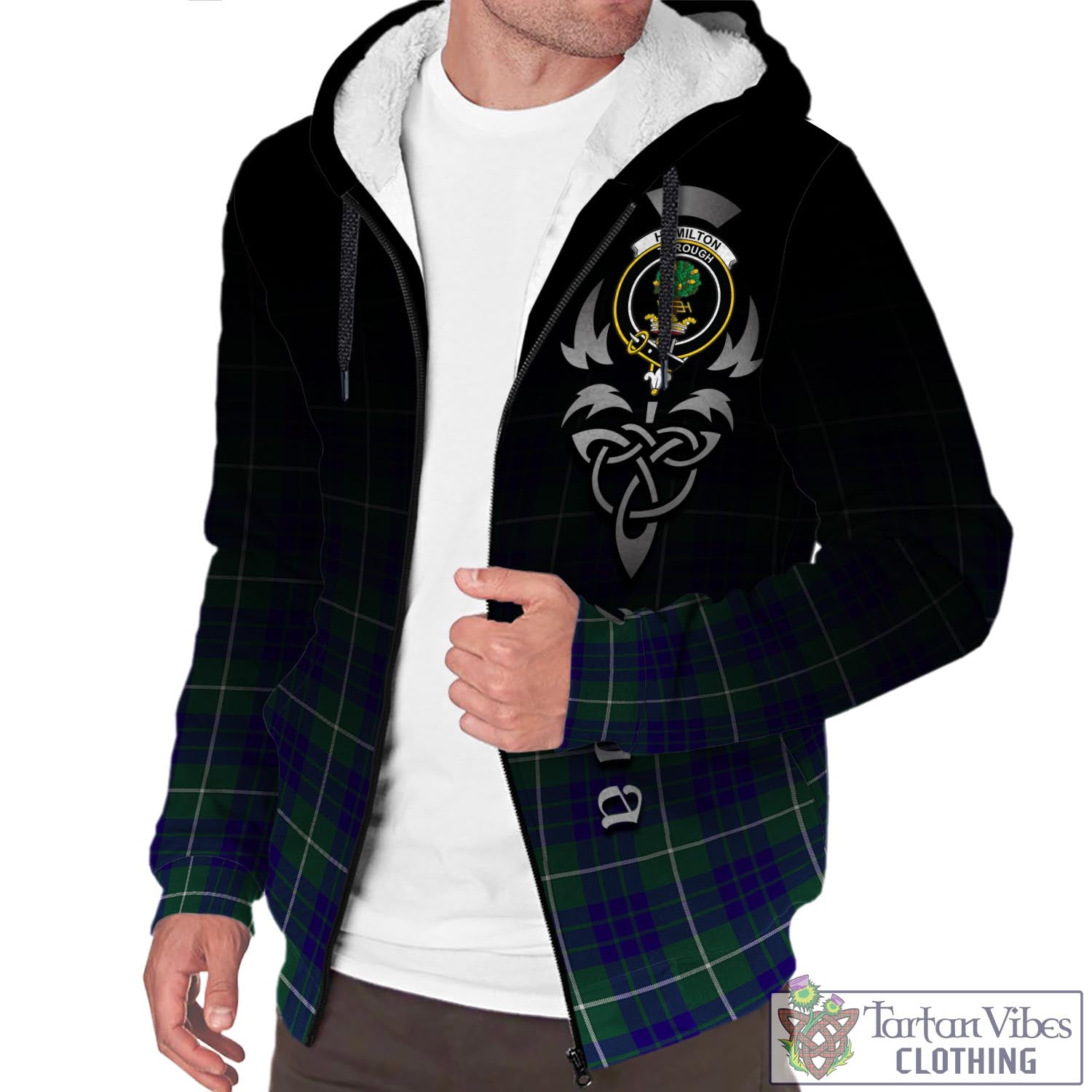 Tartan Vibes Clothing Hamilton Hunting Modern Tartan Sherpa Hoodie Featuring Alba Gu Brath Family Crest Celtic Inspired