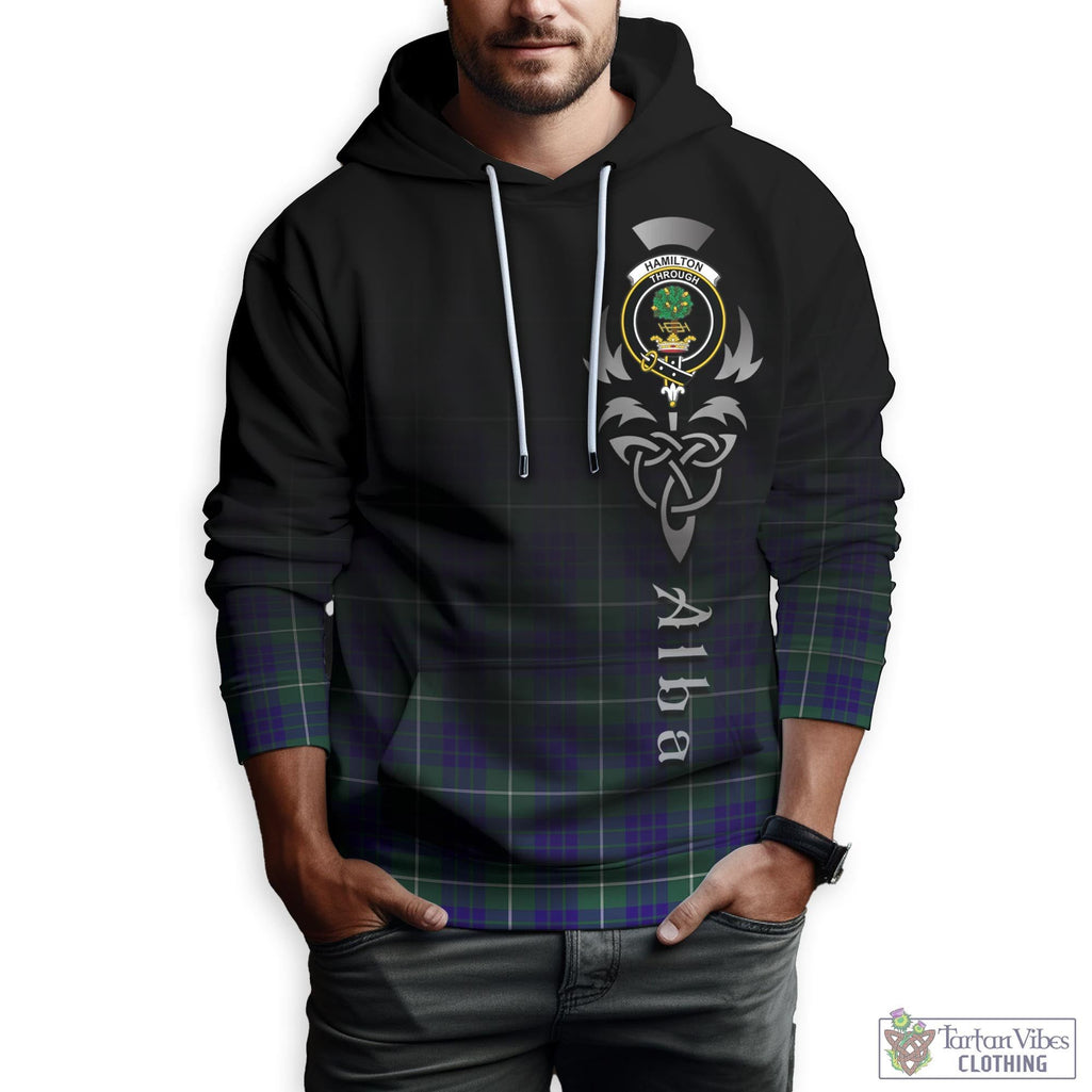 Tartan Vibes Clothing Hamilton Hunting Modern Tartan Hoodie Featuring Alba Gu Brath Family Crest Celtic Inspired