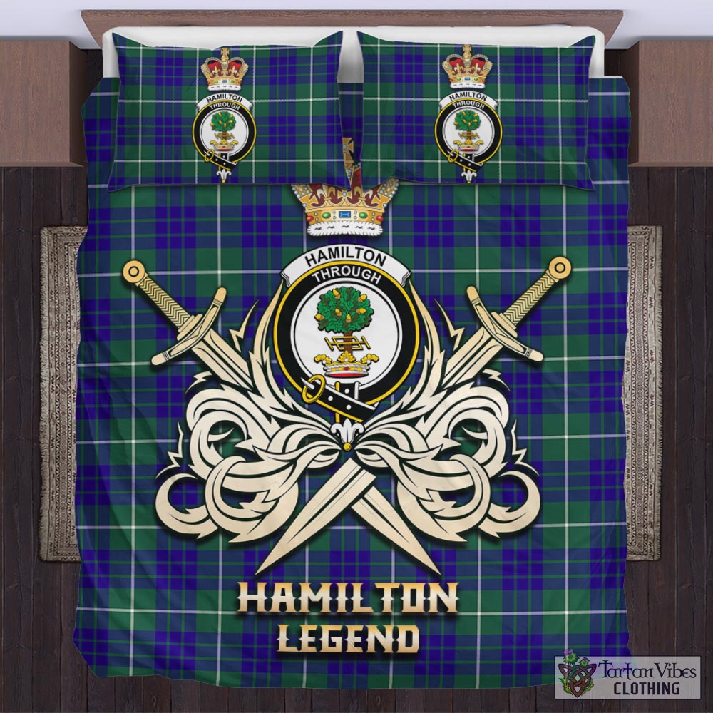 Tartan Vibes Clothing Hamilton Hunting Modern Tartan Bedding Set with Clan Crest and the Golden Sword of Courageous Legacy