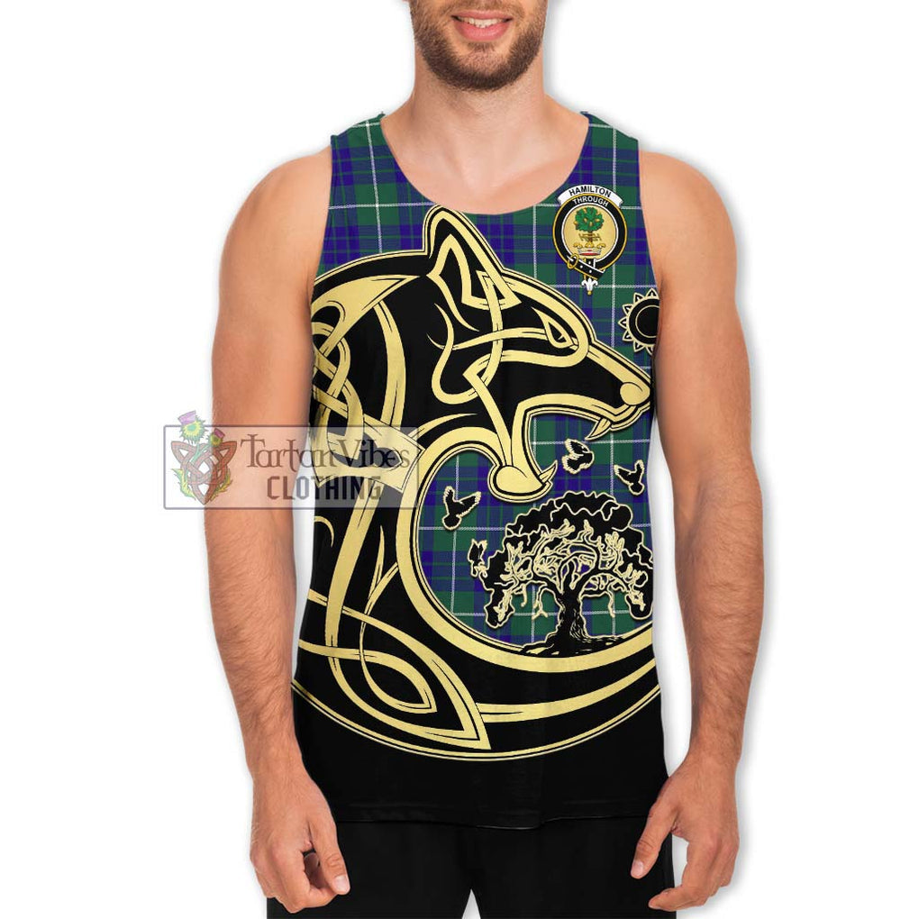 Hamilton Hunting Modern Tartan Men's Tank Top with Family Crest Celtic Wolf Style Men - Tartan Vibes Clothing