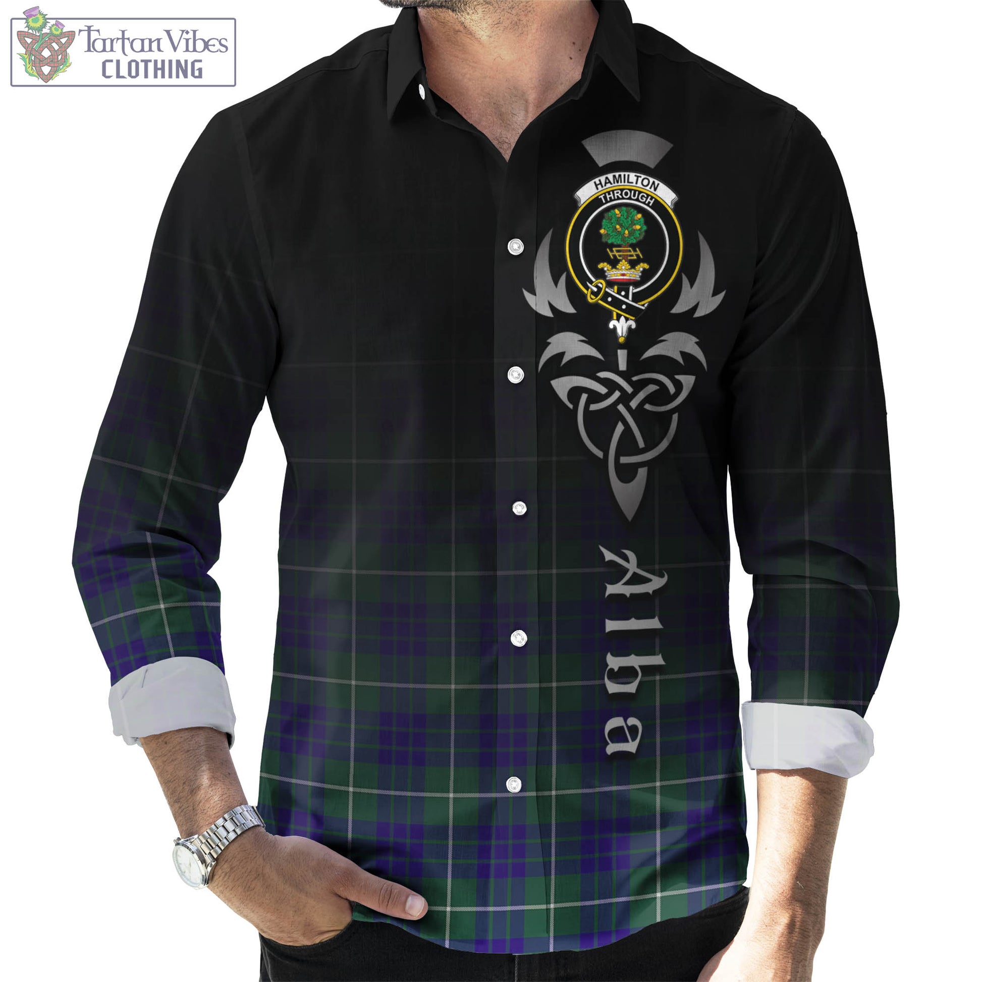 Tartan Vibes Clothing Hamilton Hunting Modern Tartan Long Sleeve Button Up Featuring Alba Gu Brath Family Crest Celtic Inspired