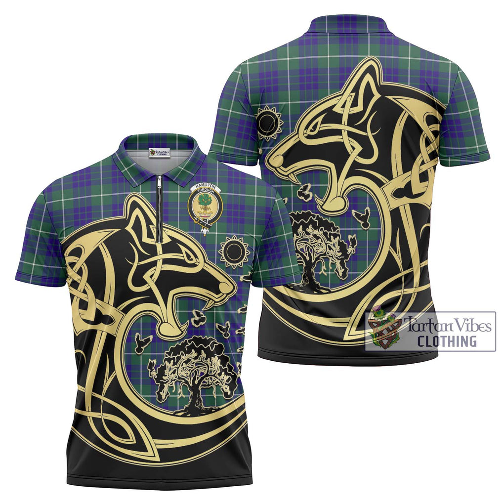 Hamilton Hunting Modern Tartan Zipper Polo Shirt with Family Crest Celtic Wolf Style Unisex - Tartanvibesclothing Shop