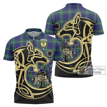 Hamilton Hunting Modern Tartan Zipper Polo Shirt with Family Crest Celtic Wolf Style