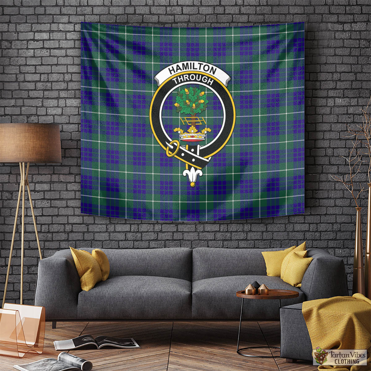 Tartan Vibes Clothing Hamilton Hunting Modern Tartan Tapestry Wall Hanging and Home Decor for Room with Family Crest