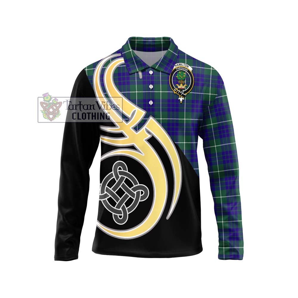 Hamilton Hunting Modern Tartan Long Sleeve Polo Shirt with Family Crest and Celtic Symbol Style Unisex - Tartan Vibes Clothing