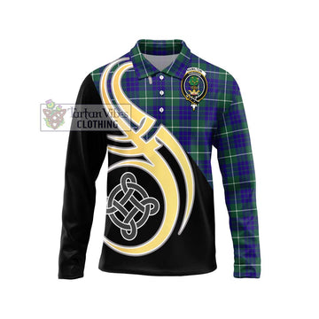 Hamilton Hunting Modern Tartan Long Sleeve Polo Shirt with Family Crest and Celtic Symbol Style