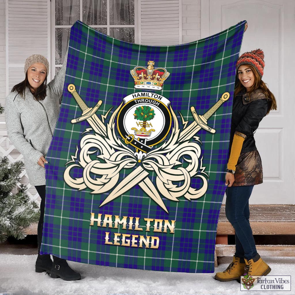 Tartan Vibes Clothing Hamilton Hunting Modern Tartan Blanket with Clan Crest and the Golden Sword of Courageous Legacy