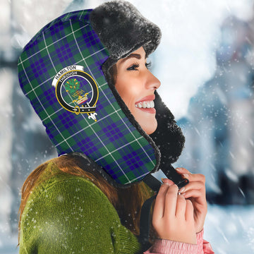 Hamilton Hunting Modern Tartan Winter Trapper Hat with Family Crest