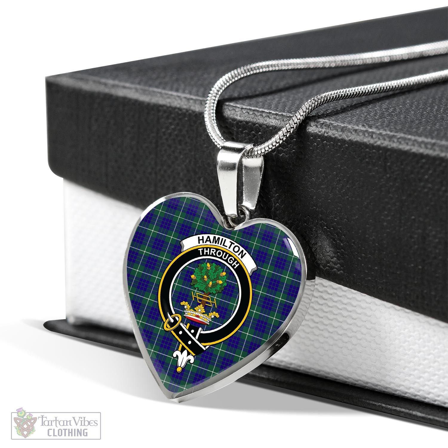 Tartan Vibes Clothing Hamilton Hunting Modern Tartan Heart Necklace with Family Crest