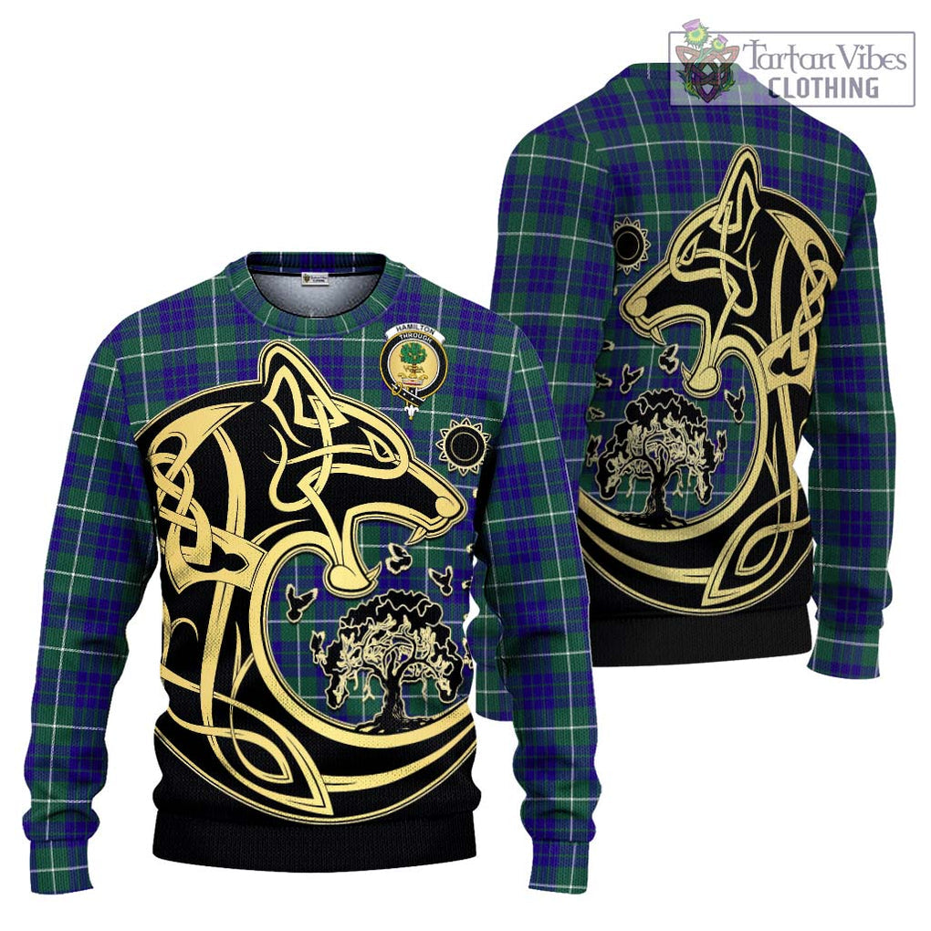 Hamilton Hunting Modern Tartan Knitted Sweater with Family Crest Celtic Wolf Style Unisex - Tartan Vibes Clothing