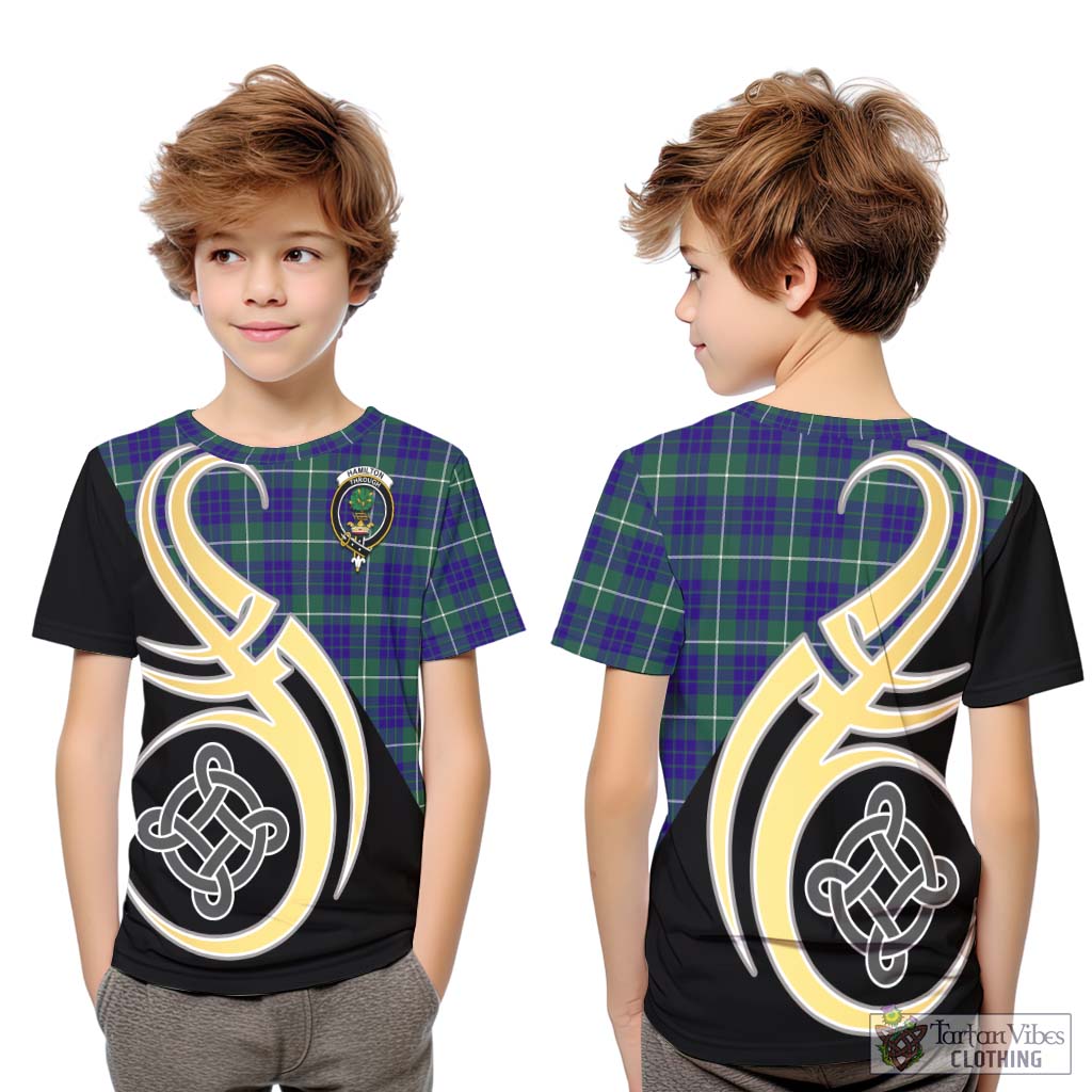 Hamilton Hunting Modern Tartan Kid T-Shirt with Family Crest and Celtic Symbol Style Youth XL Size14 - Tartan Vibes Clothing