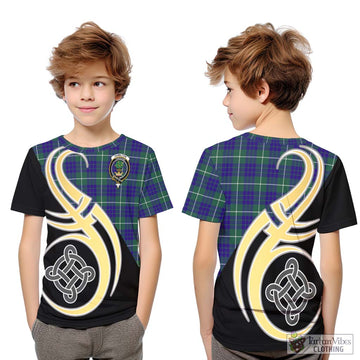 Hamilton Hunting Modern Tartan Kid T-Shirt with Family Crest and Celtic Symbol Style