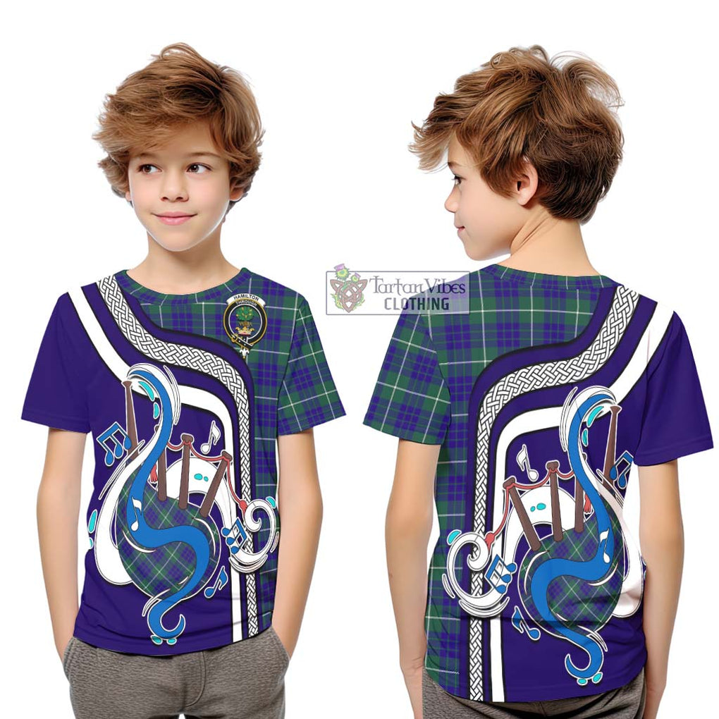 Tartan Vibes Clothing Hamilton Hunting Modern Tartan Kid T-Shirt with Epic Bagpipe Style