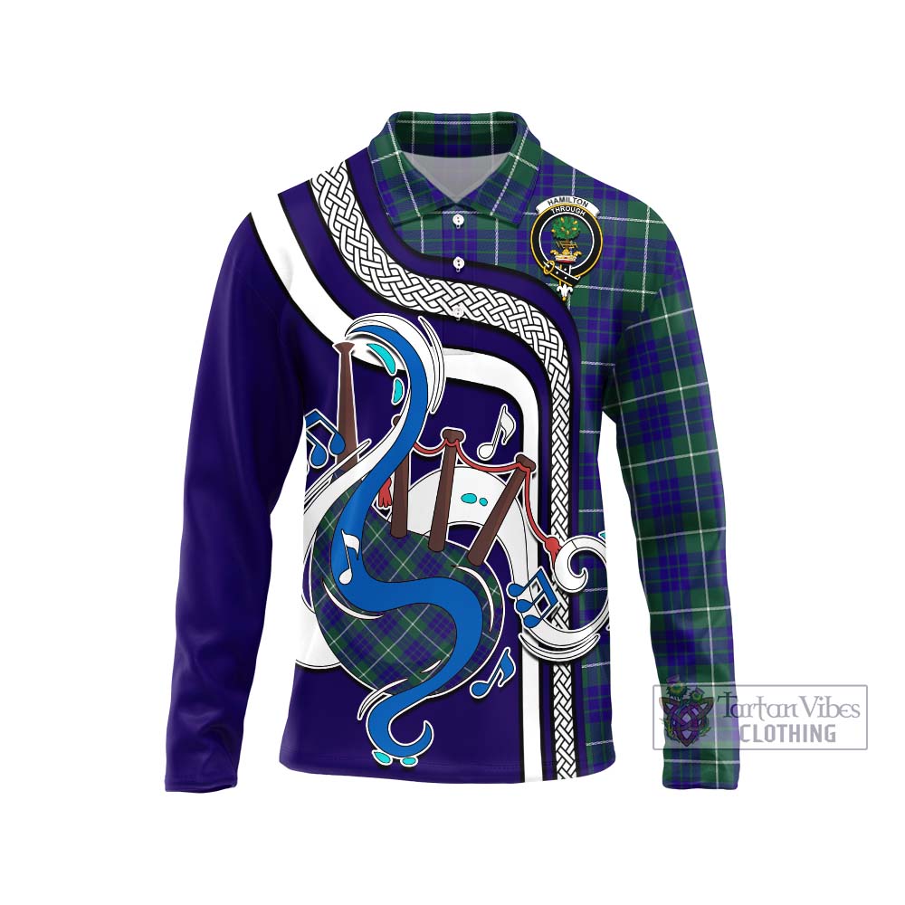 Tartan Vibes Clothing Hamilton Hunting Modern Tartan Long Sleeve Polo Shirt with Epic Bagpipe Style