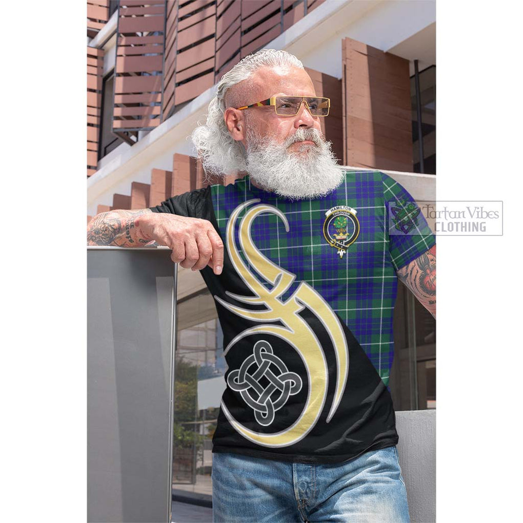 Tartan Vibes Clothing Hamilton Hunting Modern Tartan Cotton T-shirt with Family Crest and Celtic Symbol Style