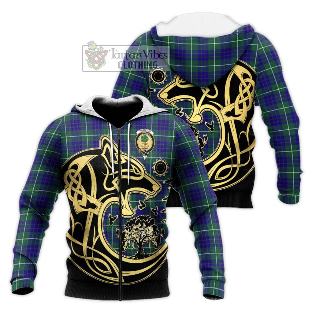 Hamilton Hunting Modern Tartan Knitted Hoodie with Family Crest Celtic Wolf Style Unisex Knitted Zip Hoodie - Tartan Vibes Clothing