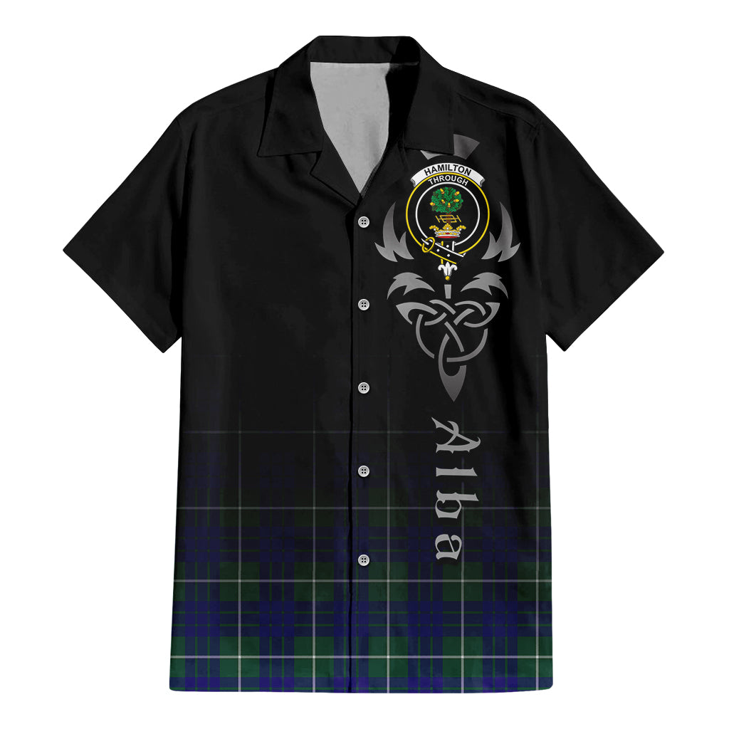 Tartan Vibes Clothing Hamilton Hunting Modern Tartan Short Sleeve Button Up Featuring Alba Gu Brath Family Crest Celtic Inspired