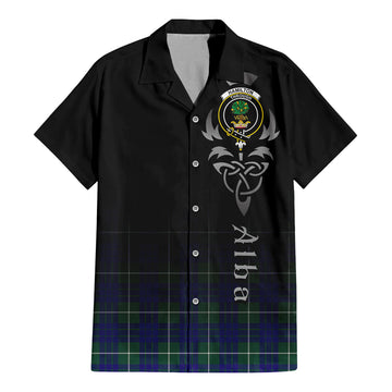 Hamilton Hunting Modern Tartan Short Sleeve Button Up Shirt Featuring Alba Gu Brath Family Crest Celtic Inspired